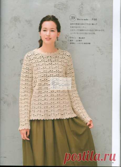 Крючок.Ажурный бежевый пуловер.