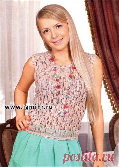 Летний топ бежевого цвета. Спицы