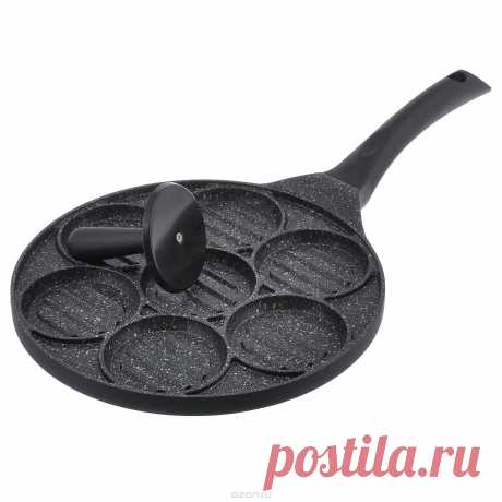 Купить Сковорода для котлет "Travola", с мраморным покрытием, с прессом, цвет: черный, 7 ячеек. Диаметр 26,5 см в интернет-магазине OZON.ru