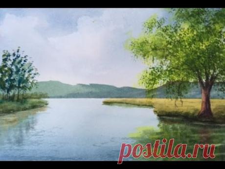 Акварель.Река. Как рисовать отражение в  воде, траву.  How to paint reflections. Watercolour