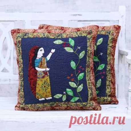 Pair of Patchwork Cotton Cushion Covers from India - Indian Maiden | NOVICA