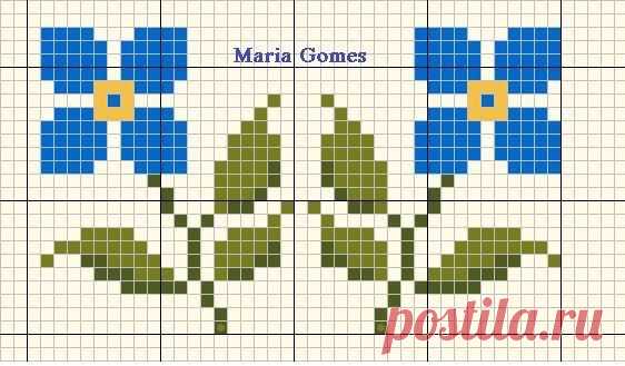 a cross stitch pattern with blue flowers and the words march comes on it in yellow