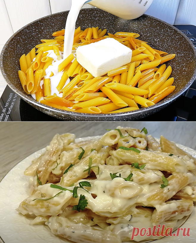 Вместо того, чтобы варить макароны, потушили на сковороде с молоком. Получилось блюдо из ресторана