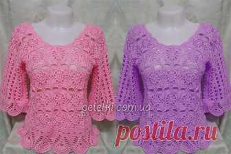 Кофточка из квадратных мотивов. Схемы Хорошенькая кофточка, связанная крюком с использованием квадратных мотивов. Рукава связаны узором Колоски. Схемы прилагаются.    banner_adaptivniy       Хорошенькая кофточка, связанная крюком с использованием квадратных мотивов.