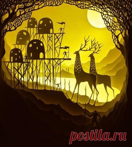 Cказочные работы Hari & Deepti Дуэт художников из Денвера представил свои новые многослойные картины, которые они делают из бумаги, коробок и света.