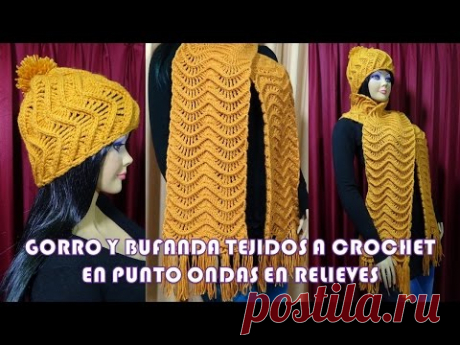 Gorro y Bufanda Tejido a crochet con el Punto Ondas en Relieves paso a paso