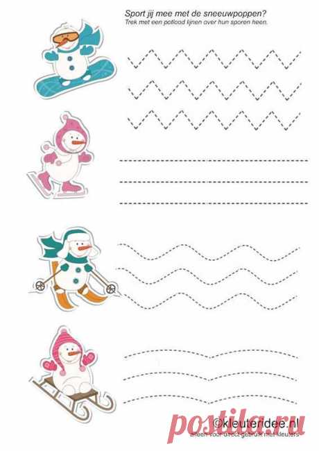 (690) Sport mee met de sneeuwpoppen, kleuteridee.nl , schrijfpatroon voor kleuters, free printable. | Päiväkotiin