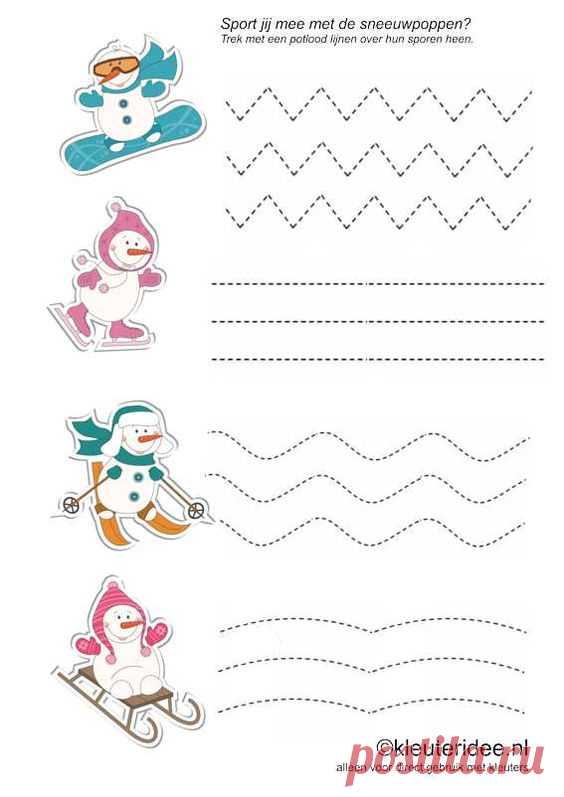 (690) Sport mee met de sneeuwpoppen, kleuteridee.nl , schrijfpatroon voor kleuters, free printable. | Päiväkotiin