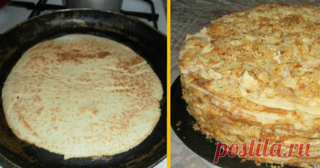 Наткнулась на этот чудо-рецепт случайно и теперь готовлю «Наполеон» только на сковороде        Необходимые ингредиенты:   Для теста:   мука — 3 стак.;  сахар — 1 стак.;  масло сливочное — 2 ст. лож.;  яйца — 3 шт.;  сода — 2/3 ч...
