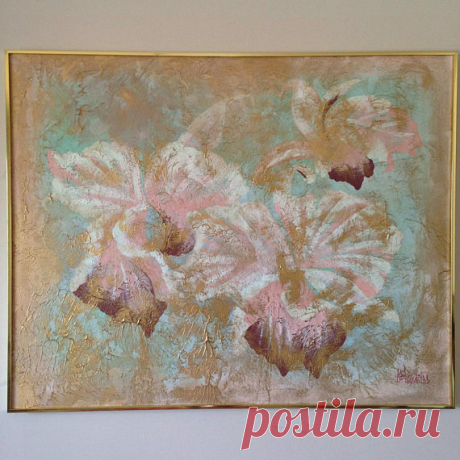 Oil Painting  MID CENTURY Modern Beach Ocean Flowers House Island Pastels Pink Baby Blue Gold Lee Reynolds 40x50 Framed TheHeartTheHome Etsy (USE THE ZOOM BUTTON BELOW PHOTOS)   ~~&gt; YOUTUBE VIDEO: https://youtu.be/Rk1jpIG_Hco &lt;~~   Recently found this 40 x 50 gorgeous textured paint Lee Reynolds Mid Century original artwork. Features gold, light turquoise, pink, cream, & maroon colors. Will be available for sale this week!