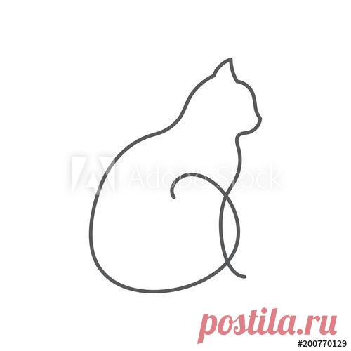 Cat continuous line drawing. Cute pet sits with twisted tail side view isolated on white background. Stock Vector
