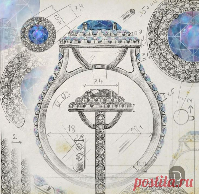Кольцо. Эскиз. Обручальное кольцо. Синий камень.