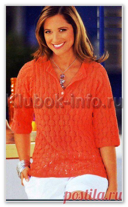 Вязание спицами. Женские модели. Летний спортивный пуловер-поло с ажурным узором. Размеры: 36/38 (40/42) 44/46