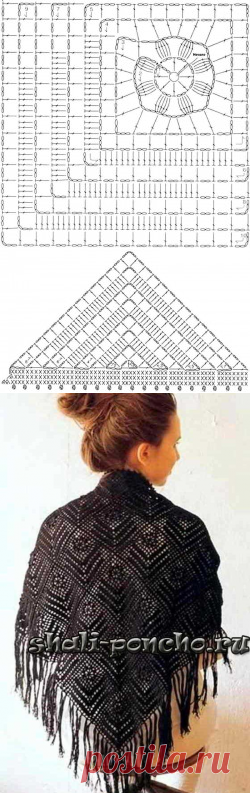 Шаль из квадратных мотивов с асимметричным рисунком