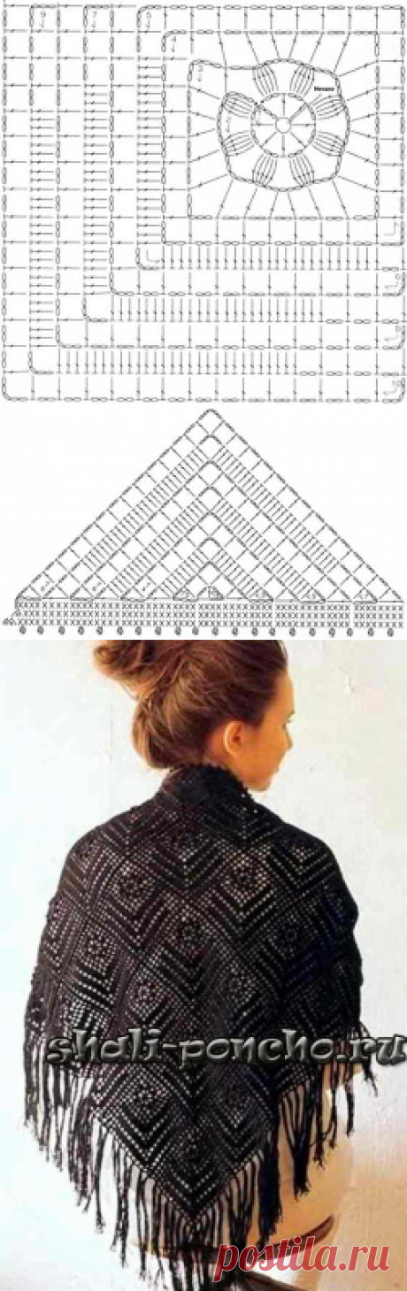 Шаль из квадратных мотивов с асимметричным рисунком