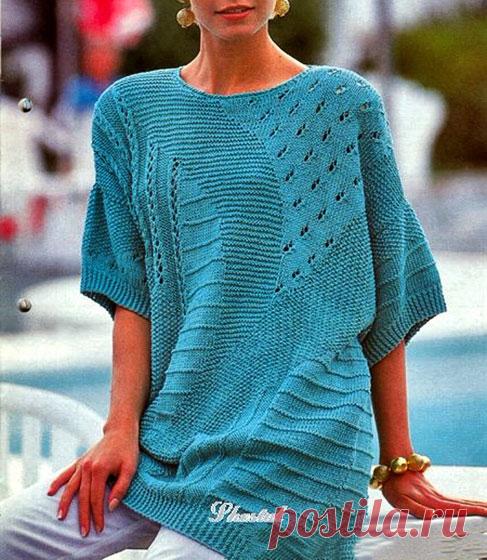Летний пуловер из разных узоров Вязаный спицами разными узорами летний пуловер. Описание  Размер: 40-44