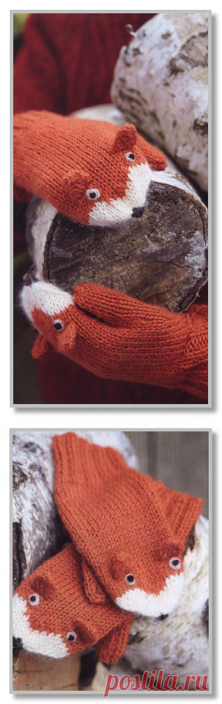 Вязание спицами. Описание женской модели со схемой и выкройкой. Двухцветные детские варежки с декором Лиса. Размеры: на 7-10 лет