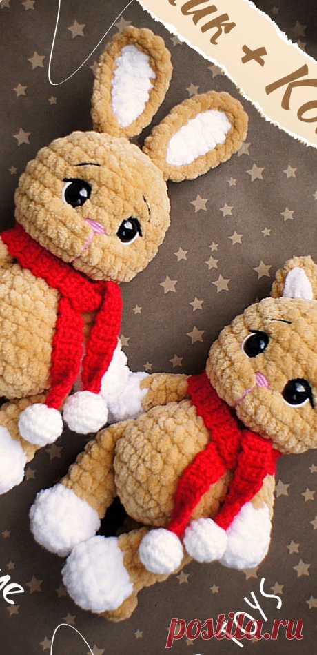 PDF Зайчик и Котик крючком. FREE crochet pattern; Аmigurumi animal patterns. Амигуруми схемы и описания на русском. Вязаные игрушки и поделки своими руками #amimore - плюшевый заяц, зайчик из плюшевой пряжи, кролик, зайчонок, зайка, крольчонок, кот, котик, кошка, кошечка.