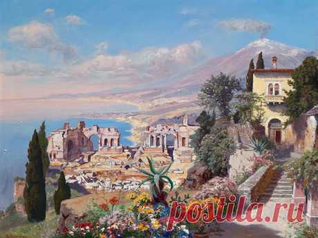 Скачать обои Пейзаж Alois Arnegger, вид на город Таормина, Сицилия на рабочий стол 1600x1200