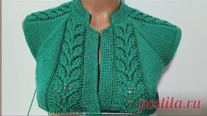 sarmaşık yapraklar örgü modeli, yakadan başlama bayan hırka yelek modeli,