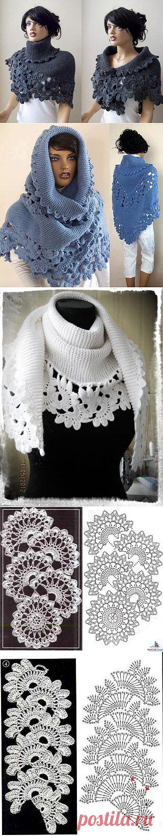 Теплая шаль, бактус (спицы+крючок) с отделкой из ленточного кружева, схема.