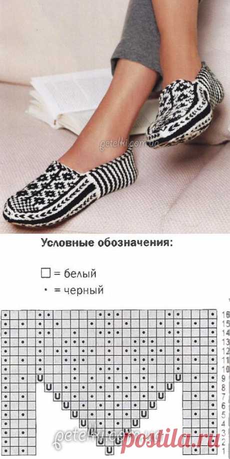 Тапочки жаккардовым узором. Описание вязания, схема