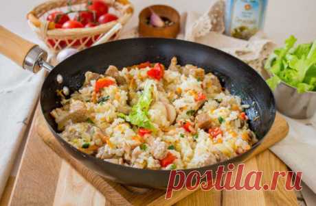 Мясо с рисом, грибами и овощами рецепт с фото Как приготовить мясо овощами, рисом и грибами на сковороде рецепт с фото