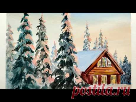 Рисуем гуашью зимний лес и домик.