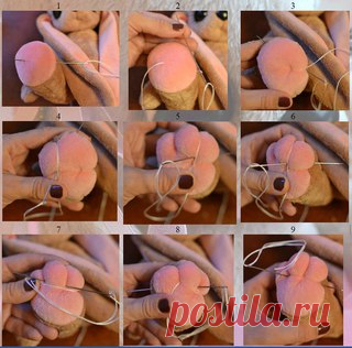 Утяжка лап. 
Ниже представлено фото, на котором отмечено цифрами в какой последовательности нужно утягивать пальчики. 
Вводим кукольную иглу в точку 1 и выводим в точке 2 (рис1). Вставляем иглу в петлю и затягиваем нить (рис 2). Далее опять вводим иглу в точку 1 и выводим в точке 3 (рис3), вводим в точку 4, выводим в точке 5. Вводим в точке 6 и выводим в точке 7. Теперь сделаем перемычки под пальчиками. Из точки 7 вводим иглу в точку 6 и выводим в точке 4, вводим в точку 6...