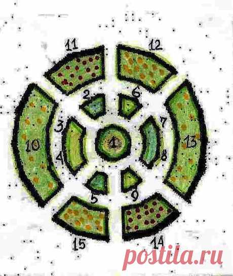 Салатный огород.Ассортимент.Интересным решением будет устройство салатного круглого огорода, все овощи которого можно будет использовать в салаты.Его сектора-грядки могут выглядеть настолько привлекательно, что со второго этажа и выше вашего дачного дома будут выглядеть как кусочки праздничного торта или как веселая карусель.