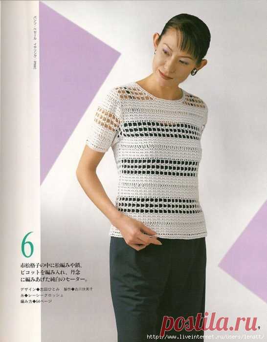 Блуза с чередованием полос из мелкого и крупного ажура. Крючок. Схемы. /