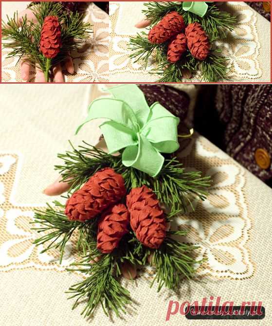 Рождественское украшение. Сосновая веточка с шишками. Мастер-класс. Пошаговое фото