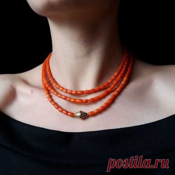Natural Coral Necklace with Brass Bead, Orange Coral Beads, Antique Coral Jewelry, Brass Pendant Nec