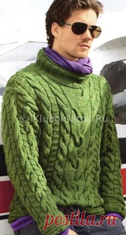 Зеленый пуловер с косами | Вязание мужское | Вязание спицами и крючком. Схемы вязания.