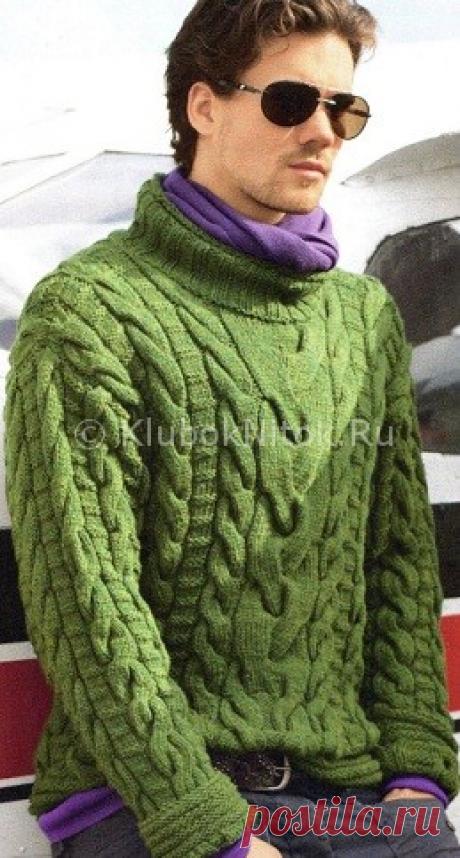 Зеленый пуловер с косами | Вязание мужское | Вязание спицами и крючком. Схемы вязания.
