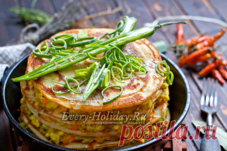 Блинный пирог с курицей и грибами, рецепт с фото