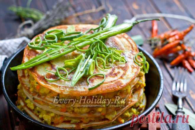 Блинный пирог с курицей и грибами, рецепт с фото