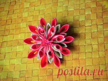 Заколка-брошь (2 в 1) &quot;Красное золото&quot;/Kanzashi/Red gold/DIY/Tutorrial