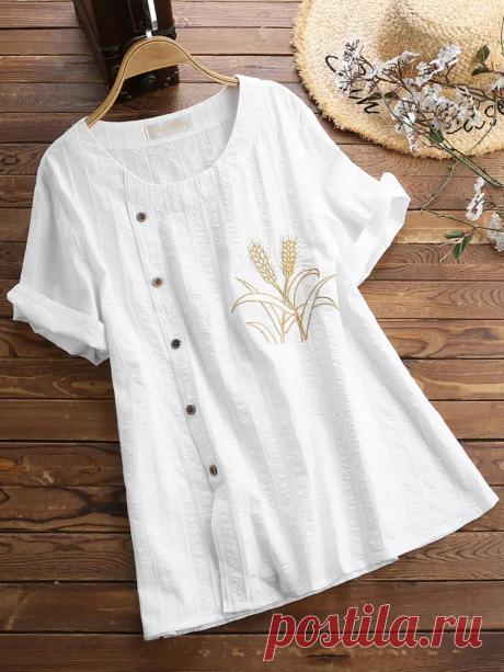 Women Round Neck Embroidered Button Short Sleeved T-shirts - US$23.99