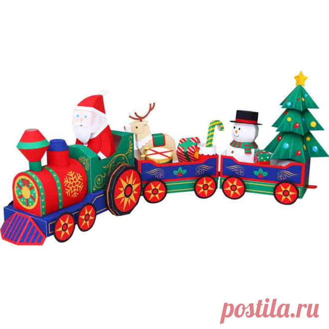 Новогодний паровоз, игрушка под ёлку, модель из бумаги
