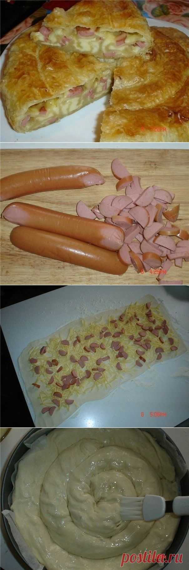 СЫРНАЯ УЛИТКА - быстро, вкусно !!! **Слоенное тесто (бездрожжевое) раскатать, выложить начинку: дольки сосисок (ветчина)+ тертые тверд/сыр и плавл/сырок. Свернуть длинным рулетом, защипать концы. *Форму застелить бумагой или фольгой,  смазать слив/маслом, выложить рулет по спирали. Взбить яйцо+Айран, обильно смазать пирог.*Запекать в духовке при 180-200, до золотистой  корочки !!! //Шустрый повар