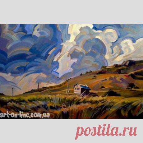 Картина Крым. День - Пейзаж  - Ярошевич Анастасия (живопись) Картина Крым. День -  Полуденный крымский пейзаж с домиком на склоне горы под облачным небом