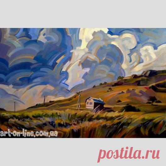 Картина Крым. День - Пейзаж  - Ярошевич Анастасия (живопись) Картина Крым. День -  Полуденный крымский пейзаж с домиком на склоне горы под облачным небом