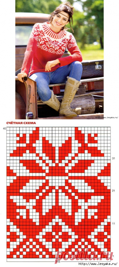 Модный красно-белый свитер с норвежским узором своими руками!