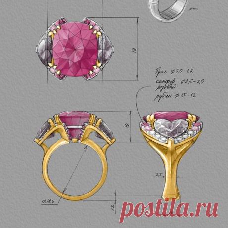 Кольцо. Эскиз. Женское кольцо.  Золото. Бесцветные бриллианты. Розовый сапфир. Рубин.