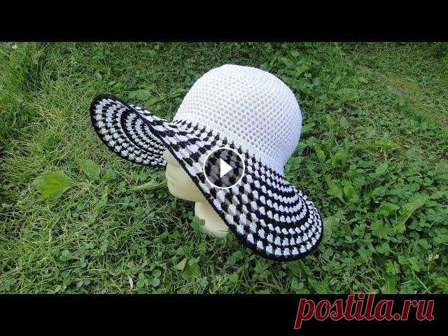 Летняя шляпа крючком. Crochet hat Шляпа связана крючком № 1. Пряжа белая Кировский ирис (40 гр) и черная Денди от Камтекс (20 гр). После каждого из трех ярусов полей ввязываем 2 лески ...