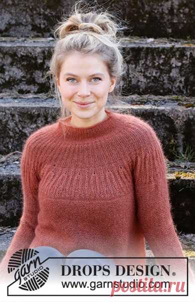 Джемпер Autumn Days от DROPS Design

Размеры:
S - M - L - XL - XXL - XXXL

Понадобится:
Пряжа DROPS KID-SILK 125-150-150-175-200-200 г, цвет 33, ржавчина

Плотность вязания:
23 петли и 30 рядов лицевой гладью = 10 x 10 см.
23 петли и 45 рядов платочной вязкой = 10 x 10 см.

Спицы:
Круговые спицы DROPS размер 3.5 мм, длина лески 40 и 60 или 80 см для лицевой глади/платочной вязки.
Чулочные спицы DROPS размер 3 мм.
Круговые спицы DROPS размер 3 мм, длина лески 40 и 60 или 80...