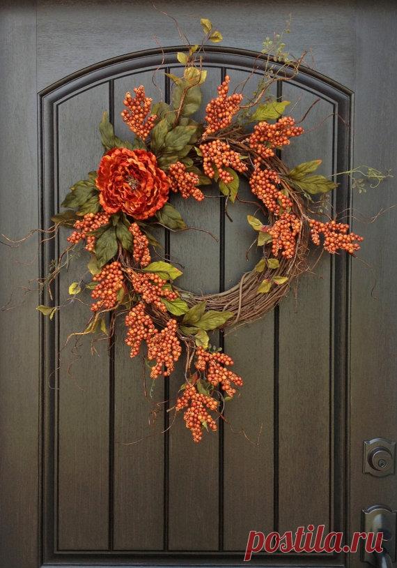 Fall Wreath Autumn Thanksgiving Orange Berry Twig Grapevine
