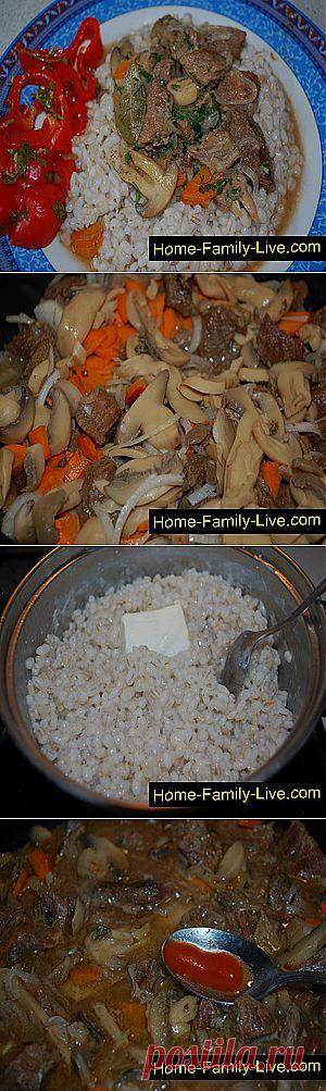 Кулинарные рецепты Перловая каша с мясом - пошаговый фоторецепт - каша в мультиварке