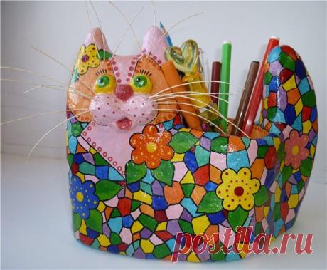 Карандашница &quot;Кот&quot; (техника папье-маше) • Кошки Мира
